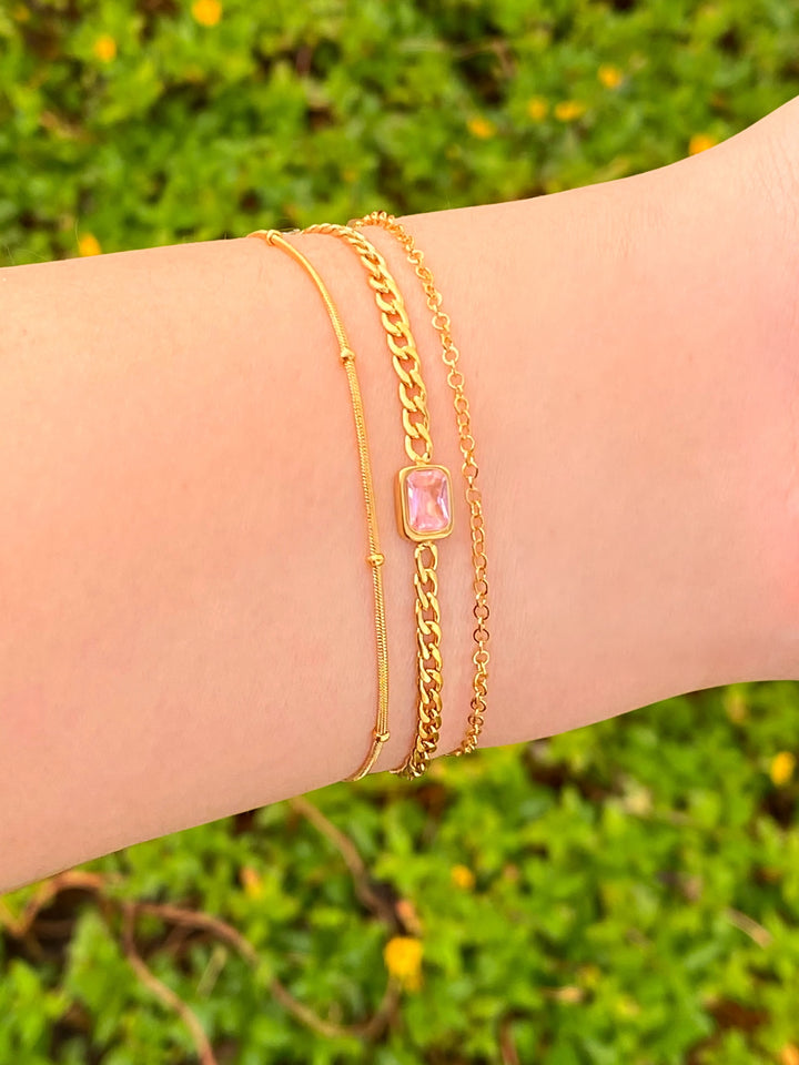 Pulsera Triple Cadena Con Zirconia Rosa