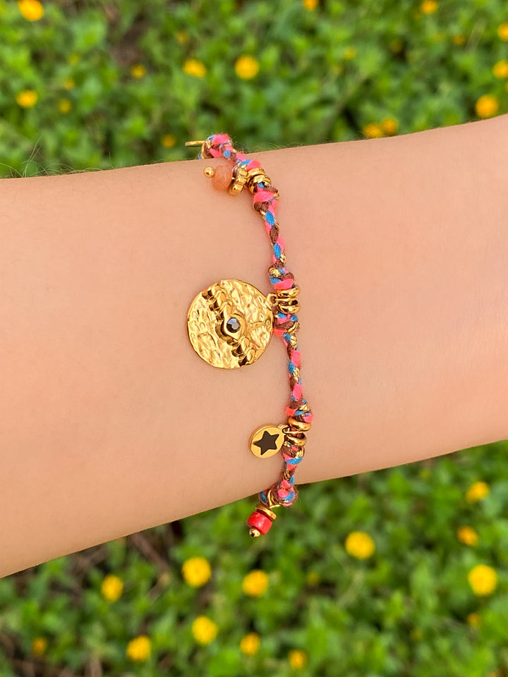 Pulsera Rosa Con Multidijes, Piedras y Estrella