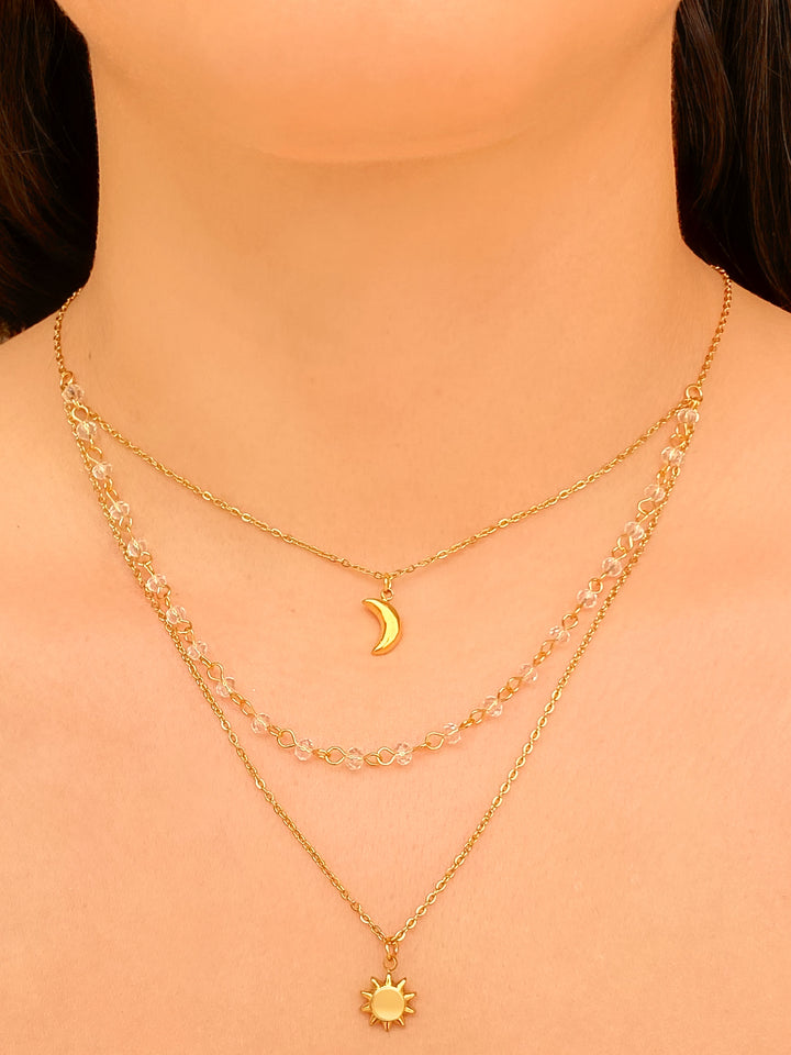 Collar Triple Piedras Transparentes, Luna y Sol