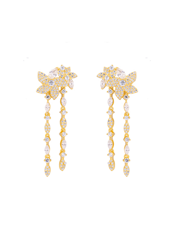 Par Arete Doble Flor Cinco Petalos Con Zirconias