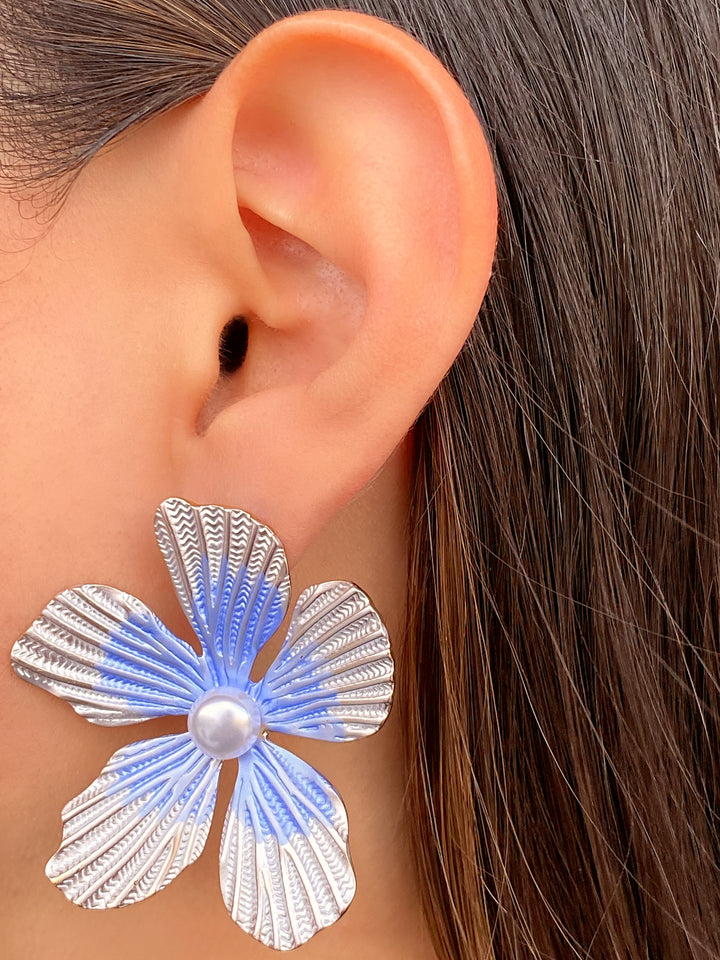 Par Arete Flor Plateada Con Perla