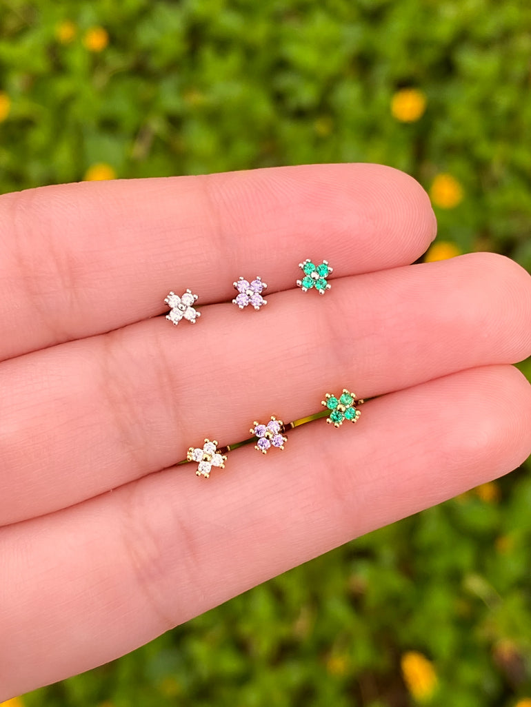 Arete Trebol Zirconia Primera Perforacion Acero Inoxidable