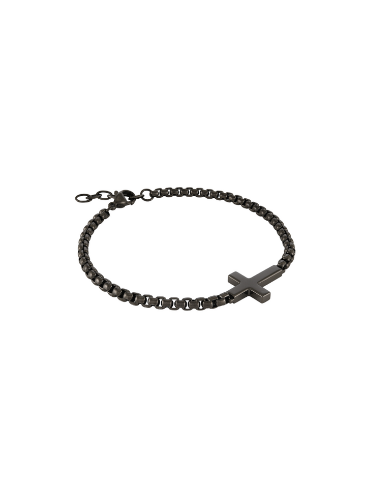 Pulsera Negra Eslabon Ovalado Con Cruz