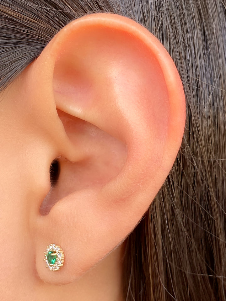 Arete Broquel Zafiro y Esmeralda Con Halo Diamantes Oro 14k