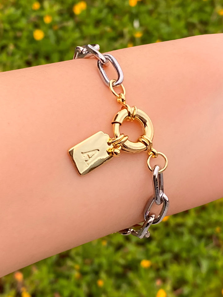 Pulsera Eslabón Plateado Timon Con Placa Inicial