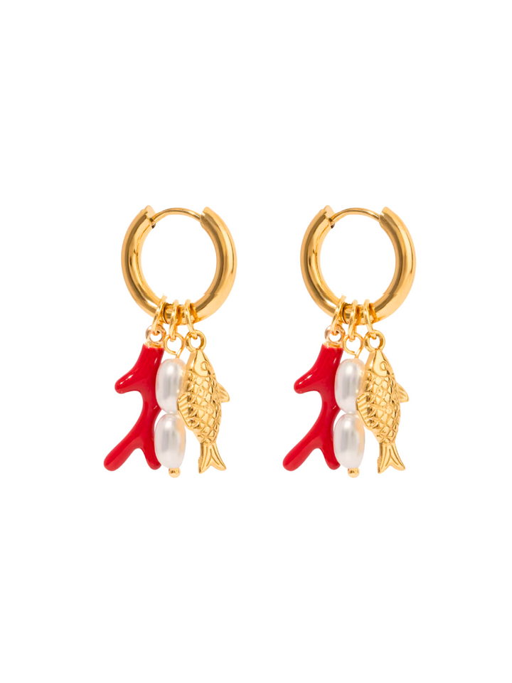 Par Arracada Con Perla, Coral y Pez