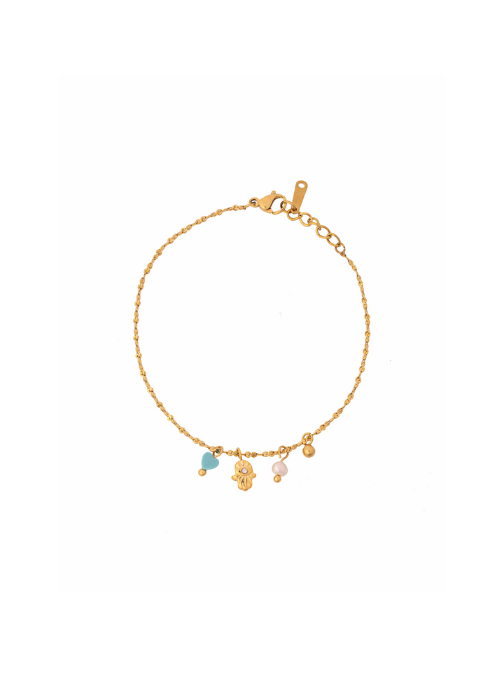 Pulsera Con Dije Mano, Corazon Azul y Perlita