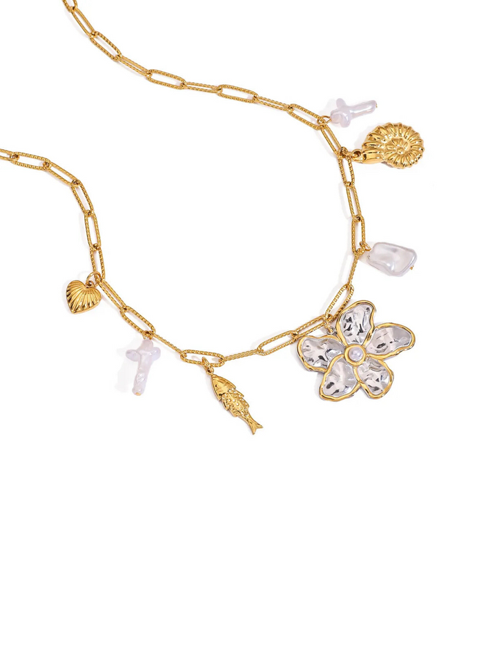 Collar Eslabones Dije Flor, Perla Y Pez