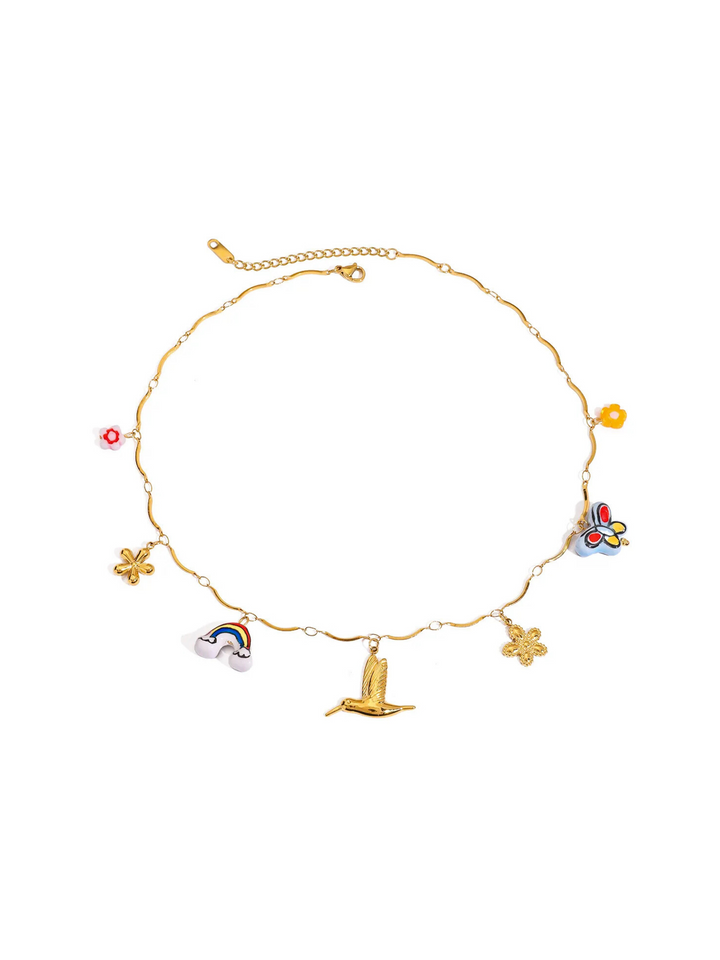 Collar Con Dijes Pajaro, Arcoiris y Flores