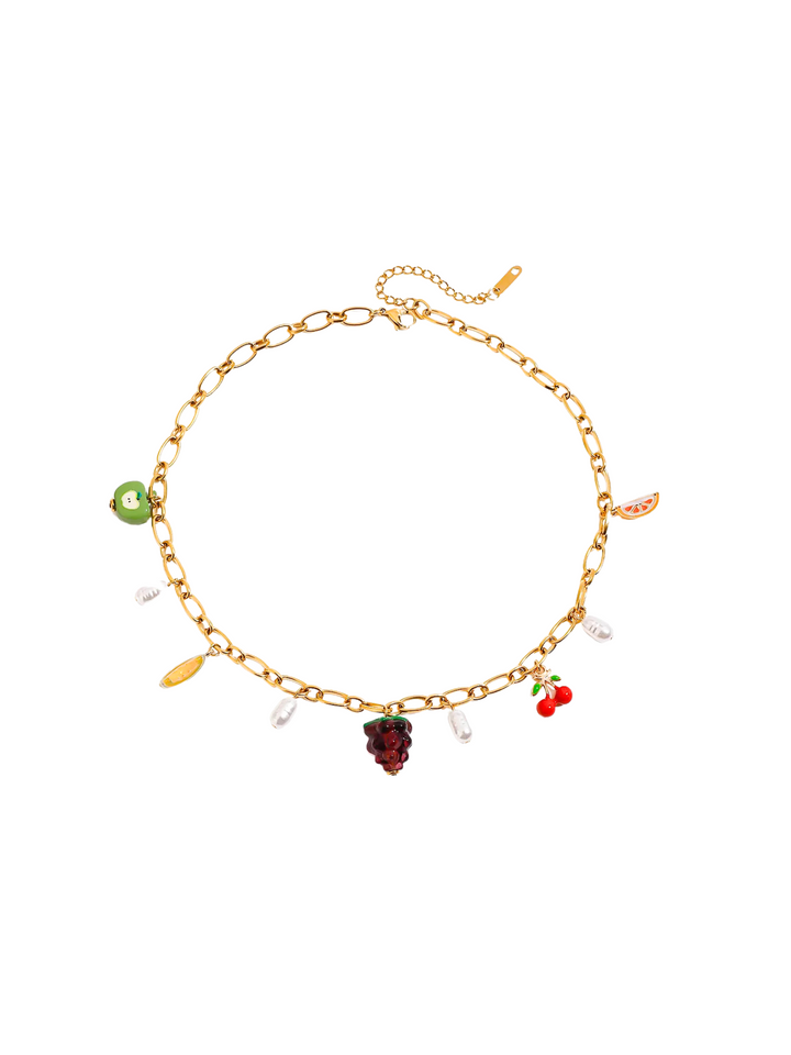 Collar Eslabon Con Dijes Frutas Y Perlas