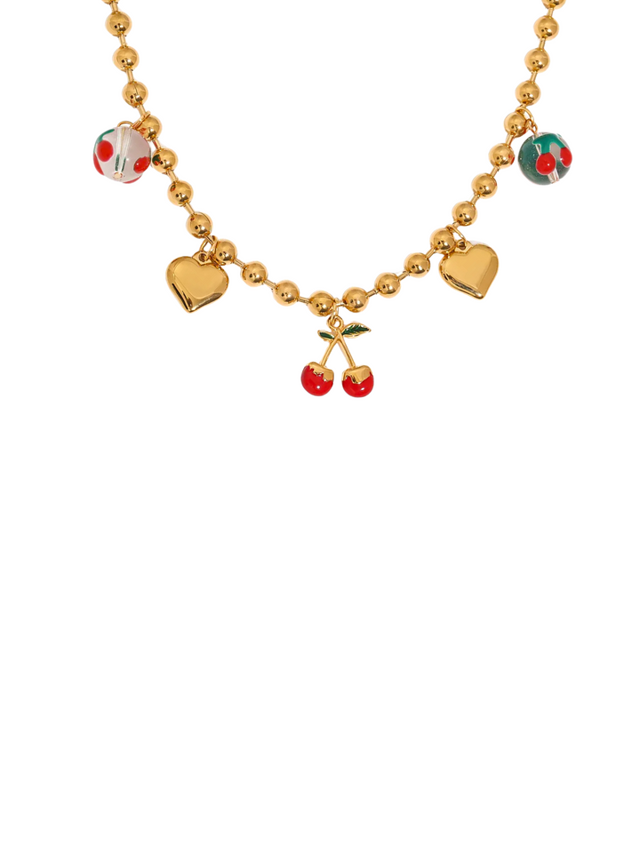 Collar Bolitas Con Dijes Corazones y Cerezas