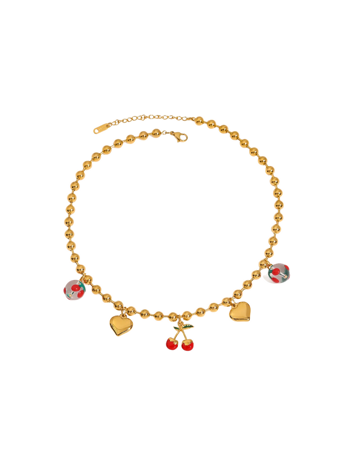 Collar Bolitas Con Dijes Corazones y Cerezas