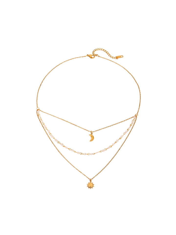 Collar Triple Piedras Transparentes, Luna y Sol