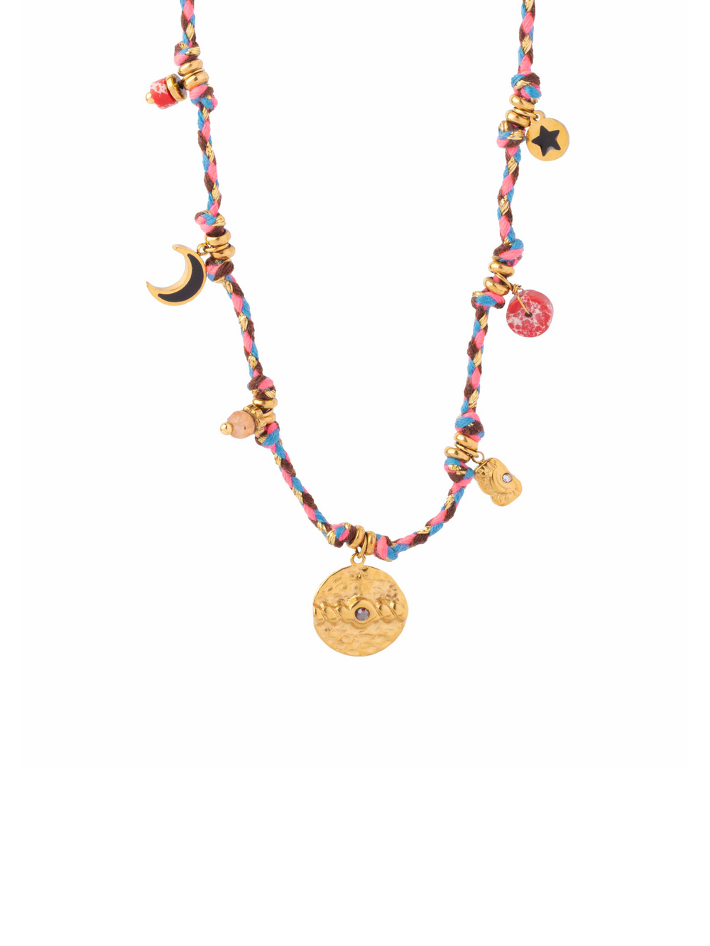 Collar Rosa Con Multidijes, Luna y Estrella