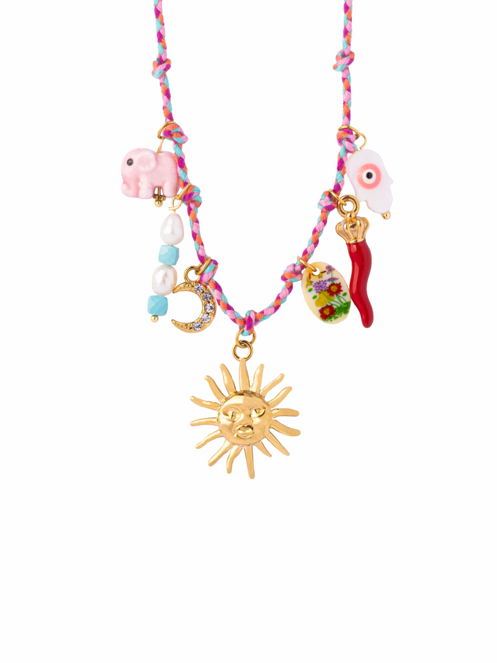 Collar Rosa Con Dijes Sol, Luna, Elefante
