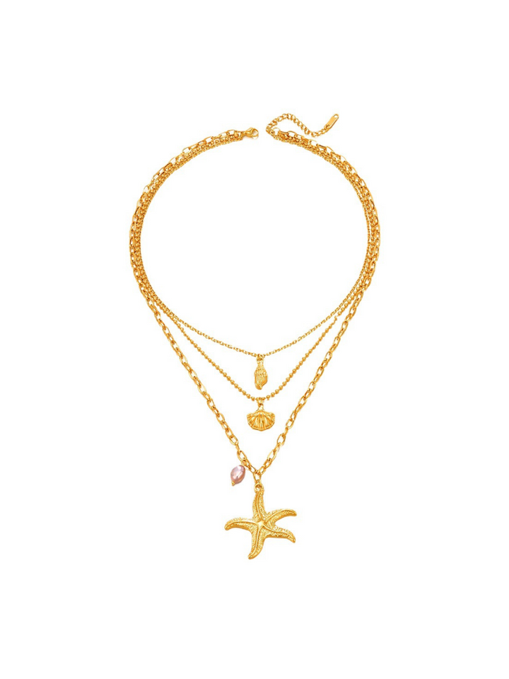 Collar Triple Con Dije Concha, Coral y Estrella Chunky