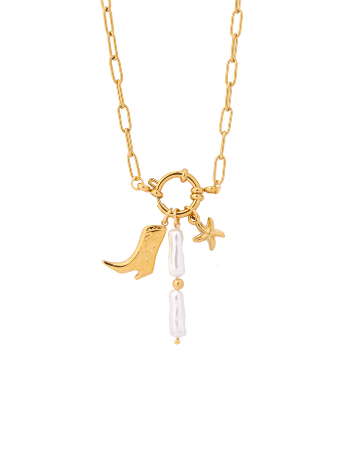 Collar Broche Timon Con Dijes Bota, Perla y Estrella