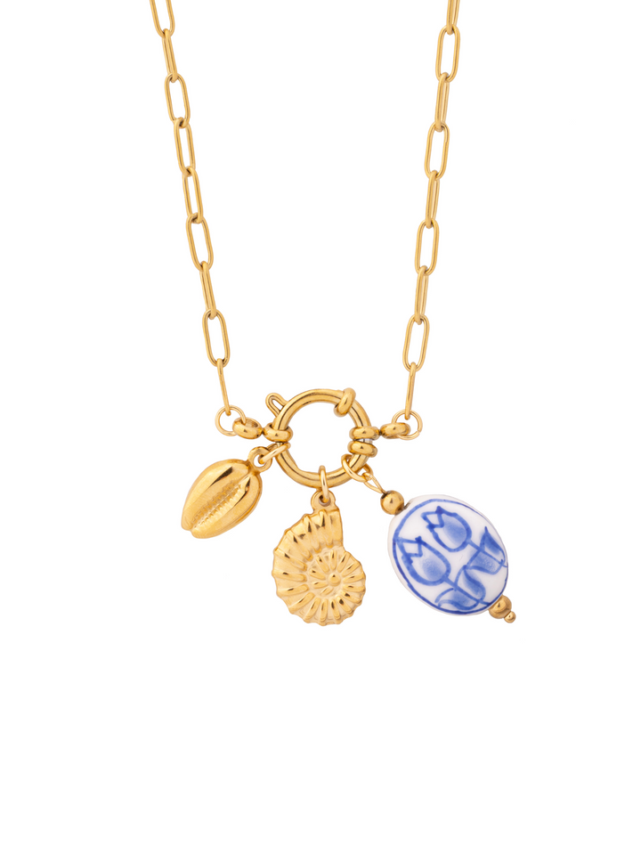 Collar Eslabon Broche Timon Con Concha, Caracol y Flor Azul