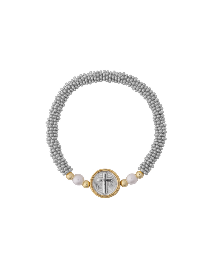 Pulsera Medalla Cruz Combinada Dos Perlas