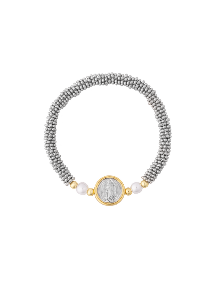 Pulsera Medalla Virgen Combinada Dos Perlas