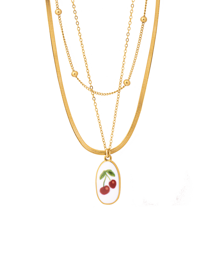 Collar Triple Bolitas Con Dije Esmaltado Cerezas
