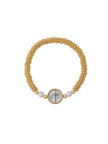 Pulsera Medalla Cruz Combinada Dos Perlas