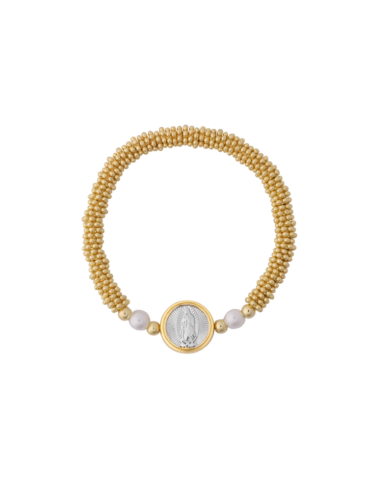 Pulsera Medalla Virgen Combinada Dos Perlas