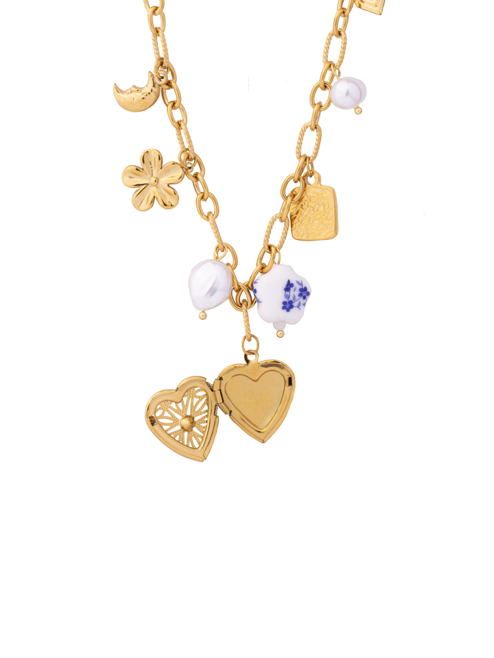 Collar Eslabon Ovalado Dijes y Corazon Relicario