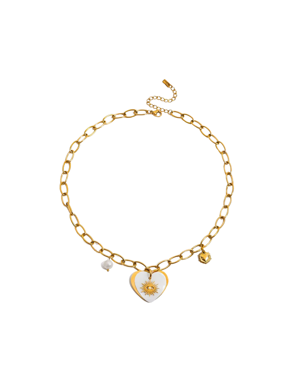 Collar Ovalos Con Dije Corazon Con Ojo y Perla