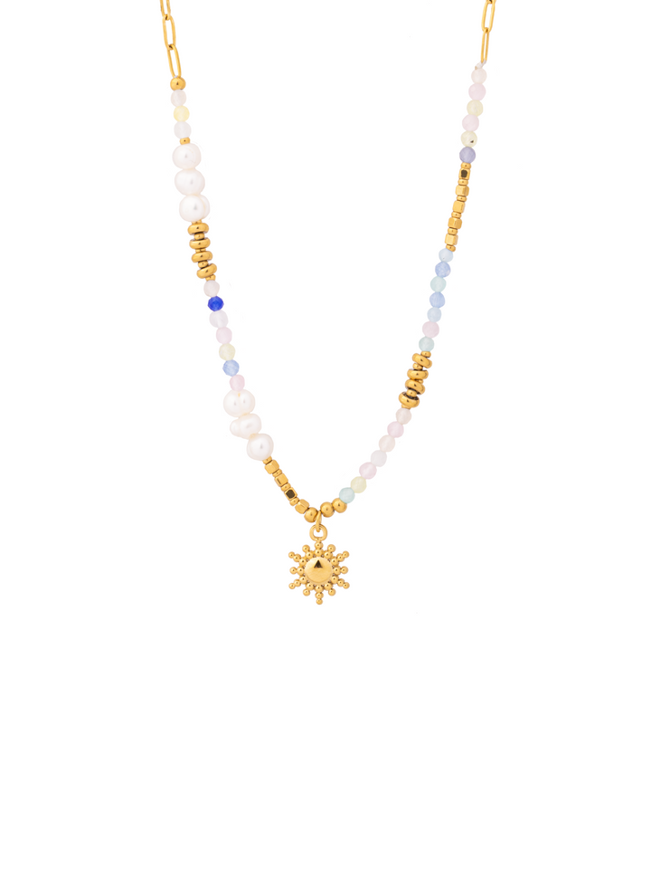 Collar Piedras y Perlas Con Dije Sol