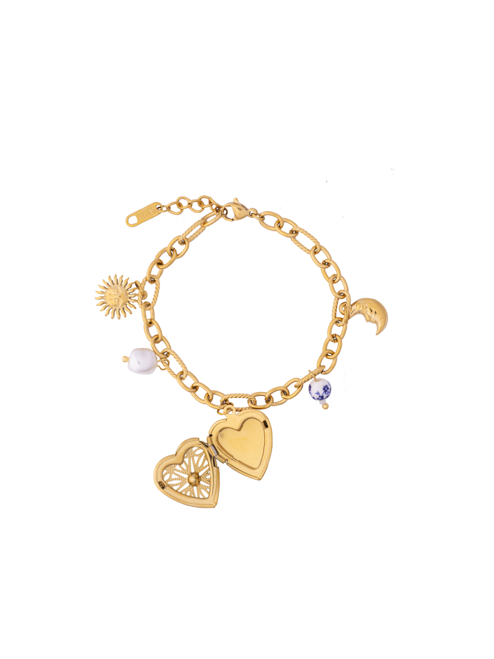 Pulsera Relicario Corazon Con Luna y Perla