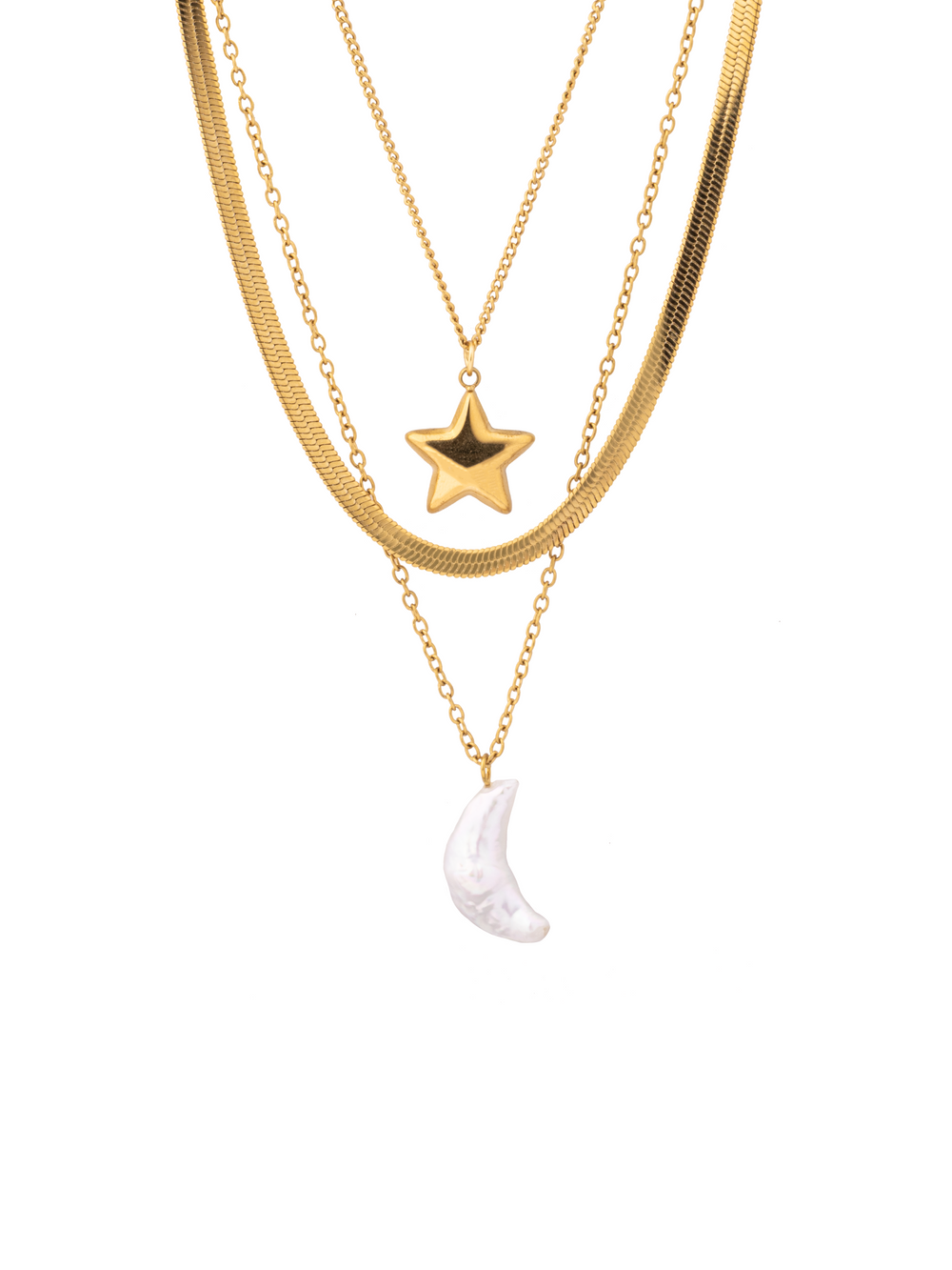 Collar Triple Planchado Con Dije Estrella y Luna