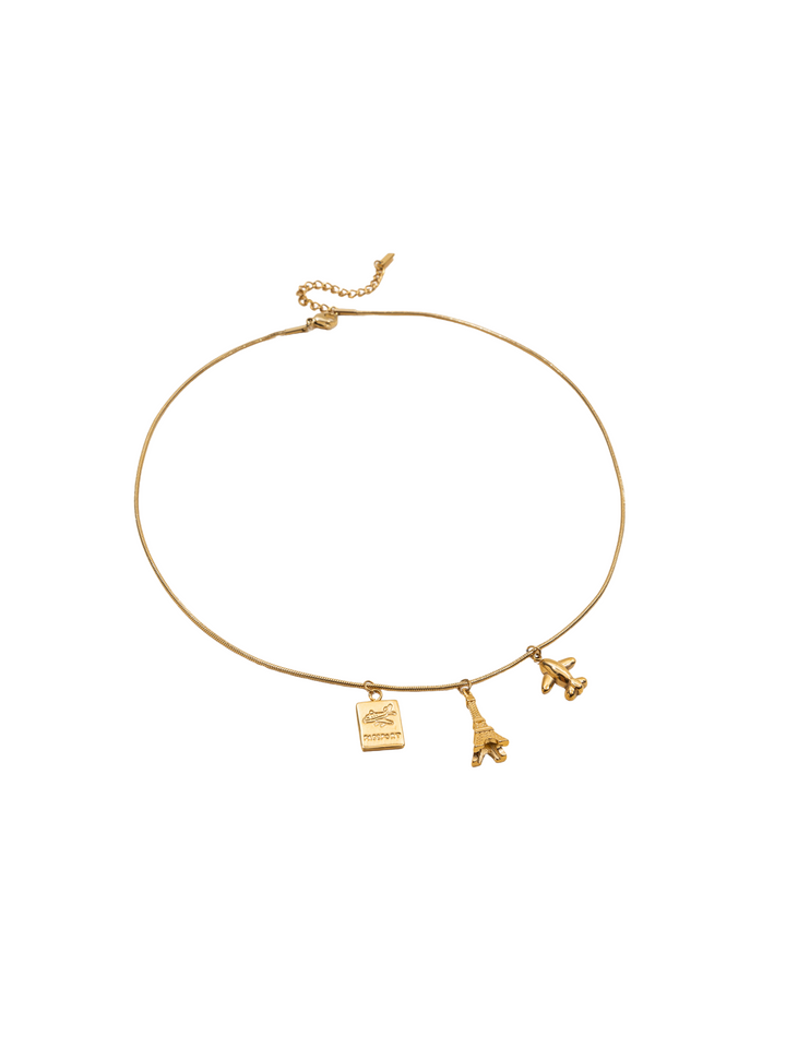 Collar Delgado Con Dije Avion, Pasaporte y Torre Eiffel