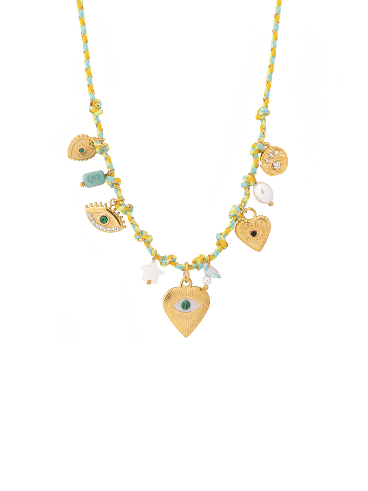 Collar Verde Con Dijes Corazon y Ojos