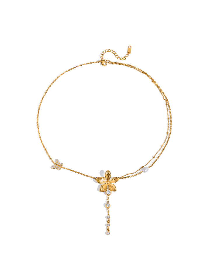 Collar Corbatin Con Flor y Mariposa