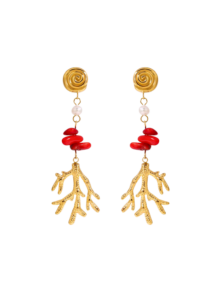 Par Arete Caracol Con Perlas Y Dije Coral