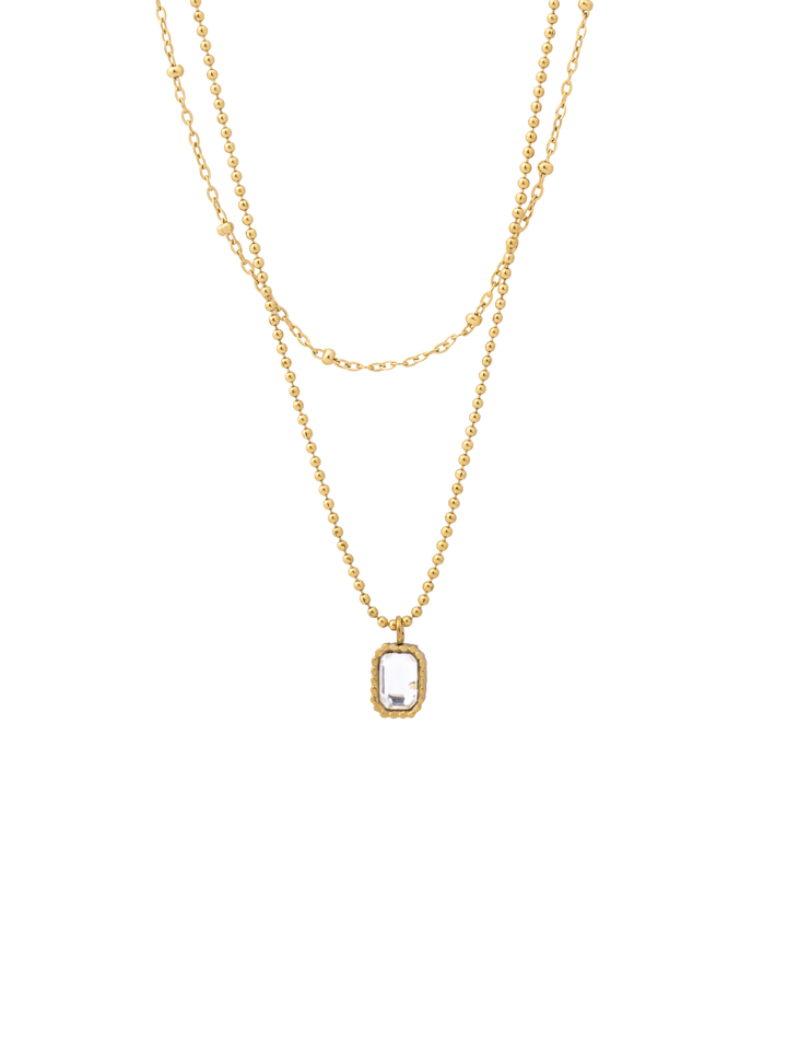 Collar Doble Bolitas Con Dije Rectangular