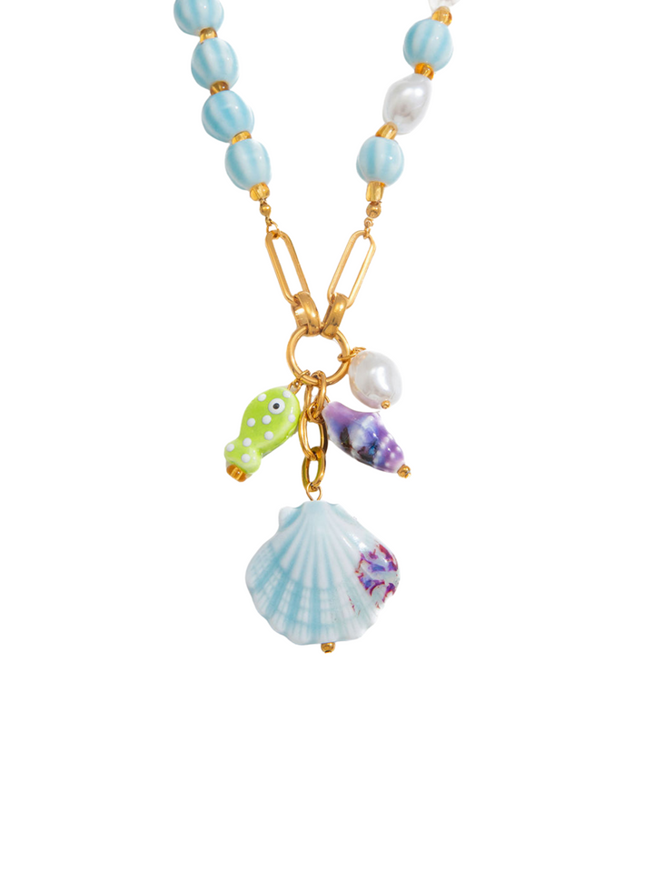 Collar Bolitas Celestes Con Dijes Marinos