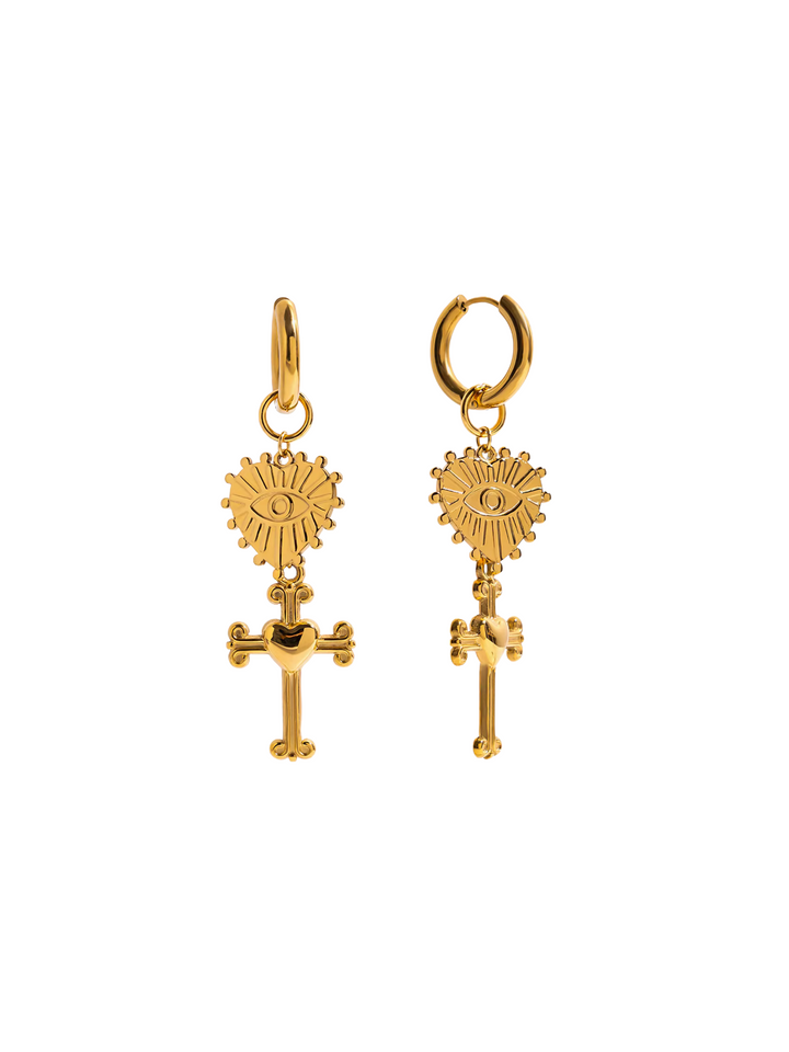 Par Arracada Con Dije Corazon y Cruz 2 en 1