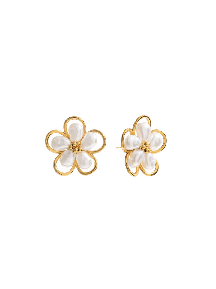 Par Arete Flor Perla Con Contorno Dorado