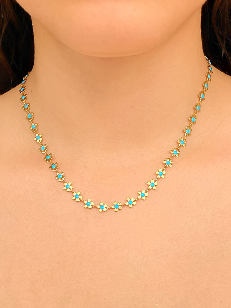 Collar Con Flores y Piedra Azul
