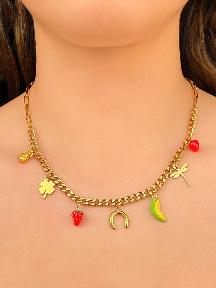 Collar Doble Eslabon Con Dijes Frutas y Libelula