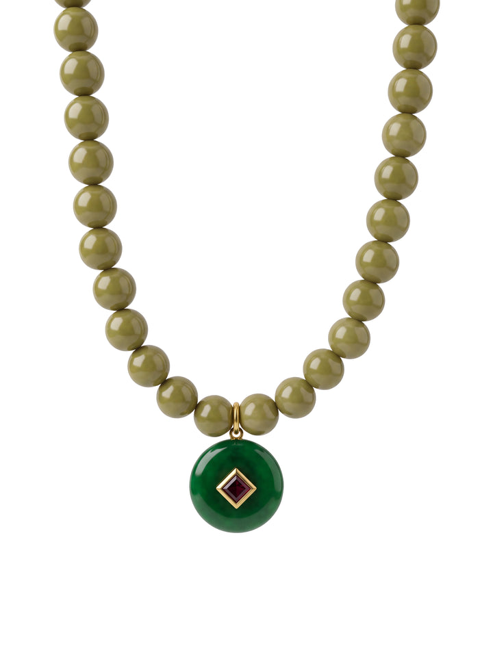 Collar Bolitas Verde Con Dije Redondo
