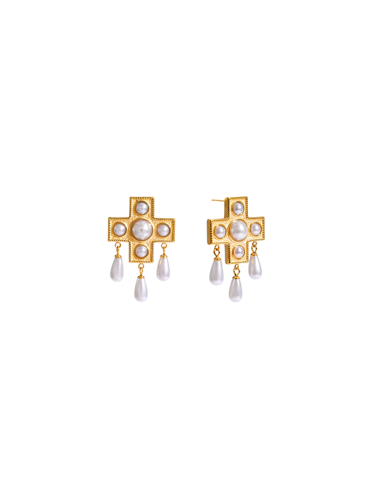 Par Arete Cruz Con Perlas Colgantes