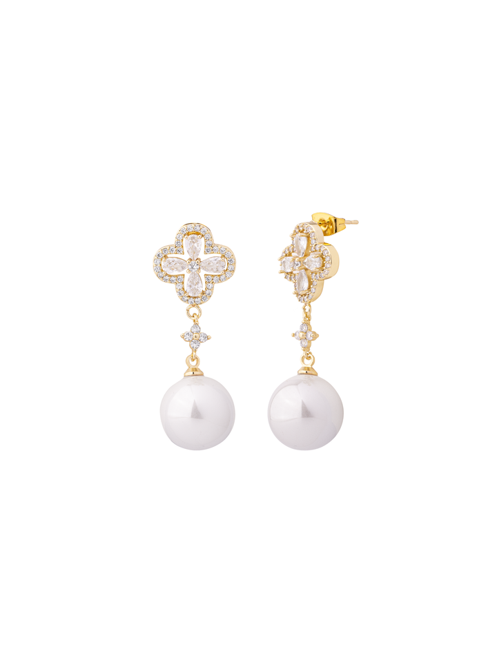 Par Arete Trebol Zirconias Con Perla Colgante