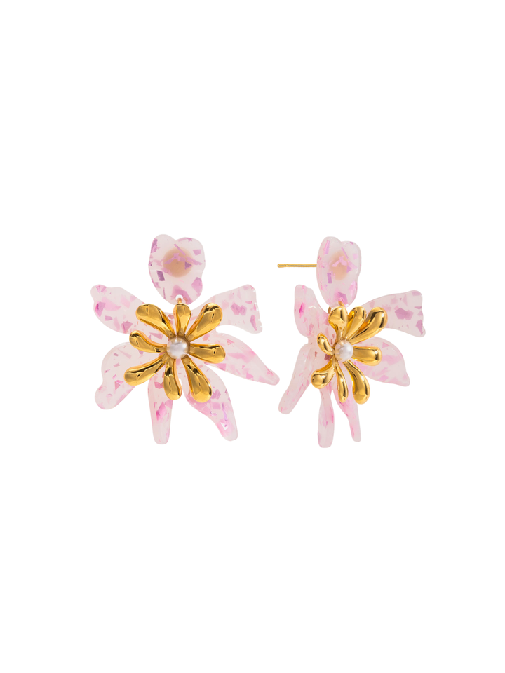 Par Arete Flor Rosa Centro Dorado
