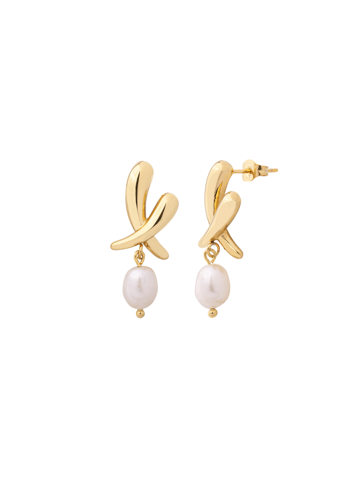 Par Arete Doble Gota Cruzada Con Perla