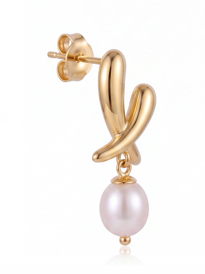 Par Arete Doble Gota Cruzada Con Perla