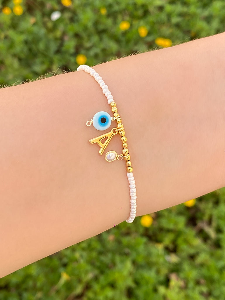Pulsera Inicial, Ojo y Perla