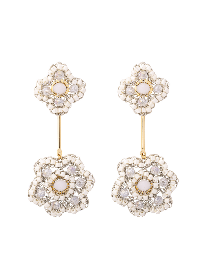 Par Arete Doble Flor Blanca 2 en 1